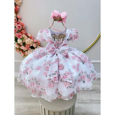 Vestido Infantil Branco Jardim das Rosas Daminhas Luxo