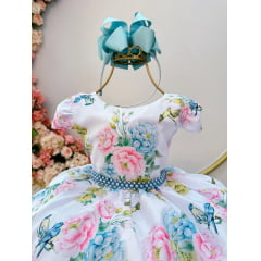 Vestido Infantil Branco Jardim dos Pássaros C/ Pérolas Luxo