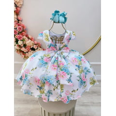 Vestido Infantil Branco Jardim dos Pássaros C/ Pérolas Luxo