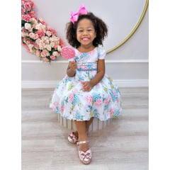 Vestido Infantil Branco Jardim dos Pássaros C/ Pérolas Luxo
