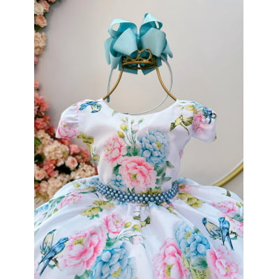 Vestido Infantil Branco Jardim dos Pássaros C/ Pérolas Luxo