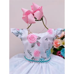 Vestido Infantil Branco Rosas Cinto Pérolas Luxo Paris