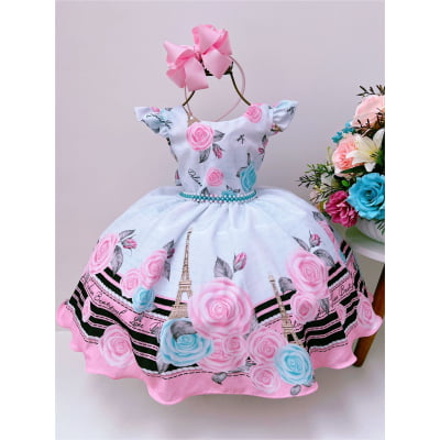 Vestido Infantil Branco Rosas Cinto Pérolas Luxo Paris