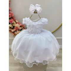Vestido Infantil Branco Saia C/ Glitter e Apliques de Flores