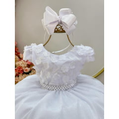 Vestido Infantil Branco Saia C/ Glitter e Apliques de Flores