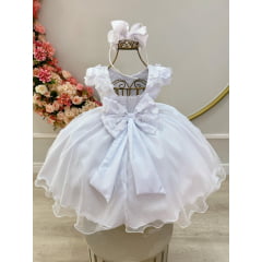 Vestido Infantil Branco Saia C/ Glitter e Apliques de Flores