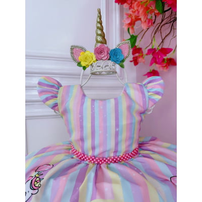 Vestido Infantil Branco Unicórnio Baby Listras Coloridas