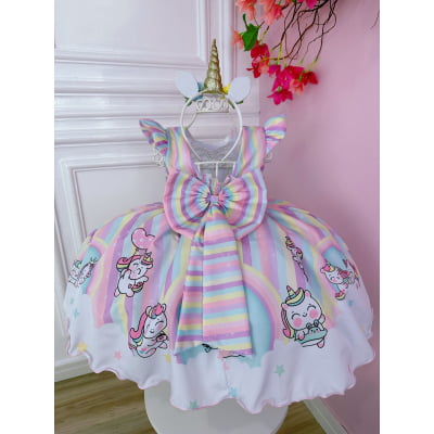 Vestido Infantil Branco Unicórnio Baby Listras Coloridas