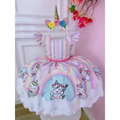 Vestido Infantil Branco Unicórnio Baby Listras Coloridas