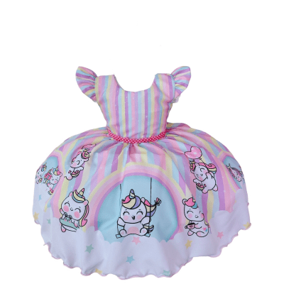 Vestido Infantil Branco Unicórnio Baby Listras Coloridas