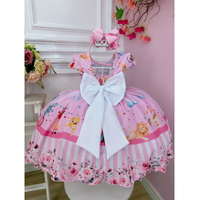 Vestido Infantil Circo Rosa Floral C/ Cinto Pérolas Festas