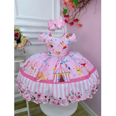 Vestido Infantil Circo Rosa Floral C/ Cinto Pérolas Festas Vestido Infantil Circo Rosa Floral C/ Cinto Pérolas Festas