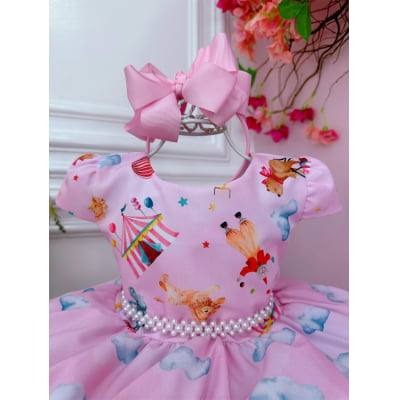 Vestido Infantil Circo Rosa Floral C/ Cinto Pérolas Festas