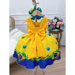 Vestido Infantil Temático Amarelo e Azul Brasil C/ Pérolas
