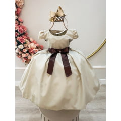 Vestido Infantil Cor Camurça C/ Bolero Cetim Broche de Laço