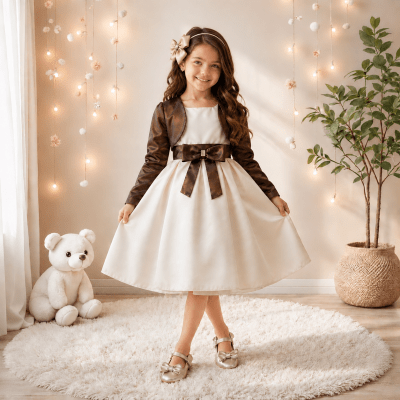 Vestido Infantil Cor Camurça C/ Bolero Cetim Broche de Laço Vestido Infantil Cor Camurça C/ Bolero Cetim Broche de Laço