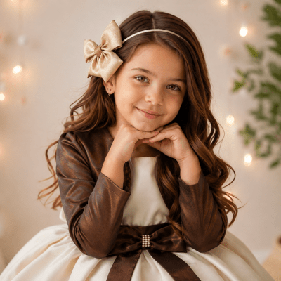 Vestido Infantil Cor Camurça C/ Bolero Cetim Broche de Laço