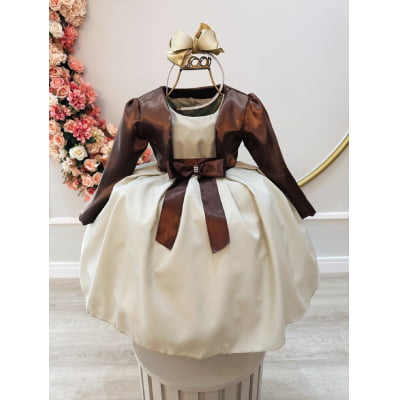 Vestido Infantil Cor Camurça C/ Bolero Cetim Broche de Laço