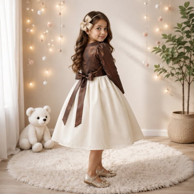 Vestido Infantil Cor Camurça C/ Bolero Cetim Broche de Laço