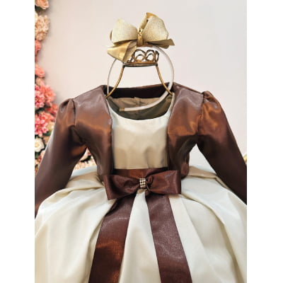 Vestido Infantil Cor Camurça C/ Bolero Cetim Broche de Laço