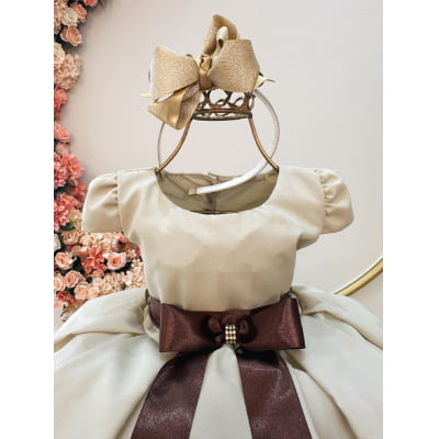 Vestido Infantil Cor Camurça C/ Bolero Cetim Broche de Laço