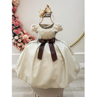 Vestido Infantil Cor Camurça C/ Bolero Cetim Broche de Laço