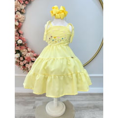 Vestido Infantil de Alça Amarelo Busto Bordado Casual Luxo