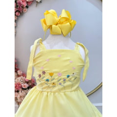 Vestido Infantil de Alça Amarelo Busto Bordado Casual Luxo