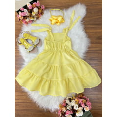 Vestido Infantil de Alça Amarelo Busto Bordado Casual Luxo