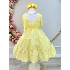 Vestido Infantil de Alça Amarelo Busto Bordado Casual Luxo