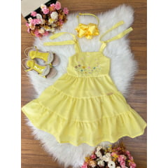 Vestido Infantil de Alça Amarelo Busto Bordado Casual Luxo