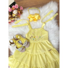 Vestido Infantil de Alça Amarelo Busto Bordado Casual Luxo