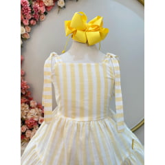 Vestido Infantil de Alça Amarelo Listras Brancas Casual Luxo