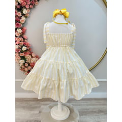 Vestido Infantil de Alça Amarelo Listras Brancas Casual Luxo