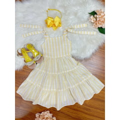 Vestido Infantil de Alça Amarelo Listras Brancas Casual Luxo