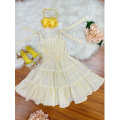 Vestido Infantil de Alça Amarelo Listras Brancas Casual Luxo