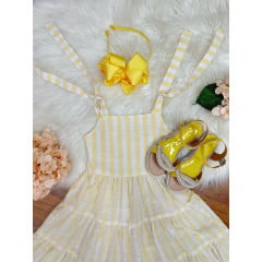 Vestido Infantil de Alça Amarelo Listras Brancas Casual Luxo