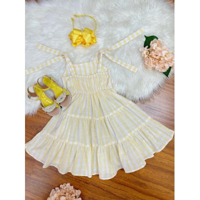 Vestido Infantil de Alça Amarelo Listras Brancas Casual Luxo