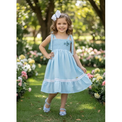Vestido Infantil de Alça Azul Claro Casual Festas Luxo Daminhas Vestido Infantil de Alça Azul Claro Casual Festas Luxo Daminhas