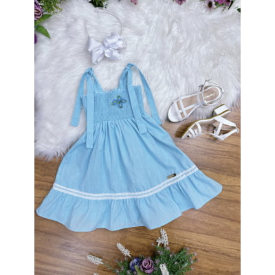 Vestido Infantil de Alça Azul Claro Casual Festas Luxo Daminhas