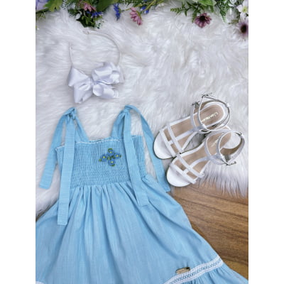 Vestido Infantil de Alça Azul Claro Casual Festas Luxo Daminhas