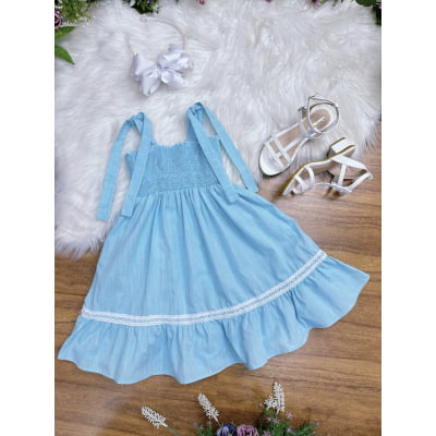 Vestido Infantil de Alça Azul Claro Casual Festas Luxo Daminhas
