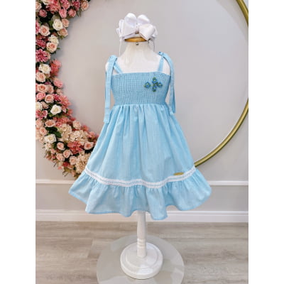 Vestido Infantil de Alça Azul Claro Casual Festas Luxo Daminhas
