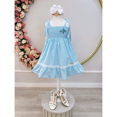 Vestido Infantil de Alça Azul Claro Casual Festas Luxo Daminhas
