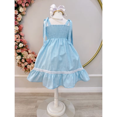 Vestido Infantil de Alça Azul Claro Casual Festas Luxo Daminhas