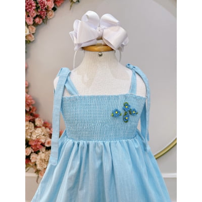 Vestido Infantil de Alça Azul Claro Casual Festas Luxo Daminhas