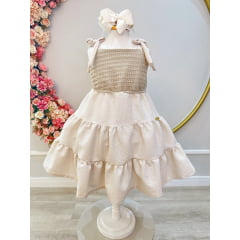 Vestido Infantil de Alça Bege Casual Luxo