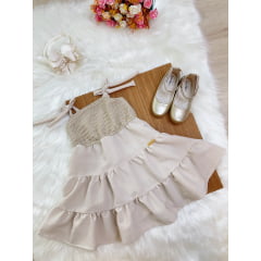 Vestido Infantil de Alça Bege Casual Luxo