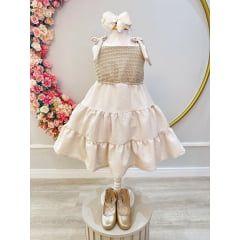 Vestido Infantil de Alça Bege Casual Luxo