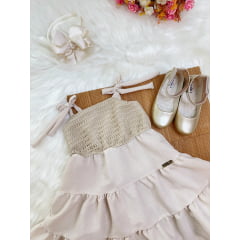 Vestido Infantil de Alça Bege Casual Luxo